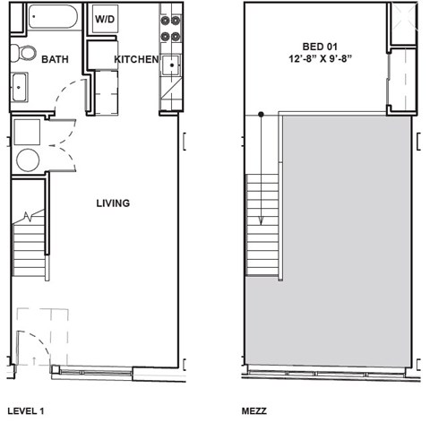 A floor plan shows a bedroom, a bathroom, a kitchen, and a living room.